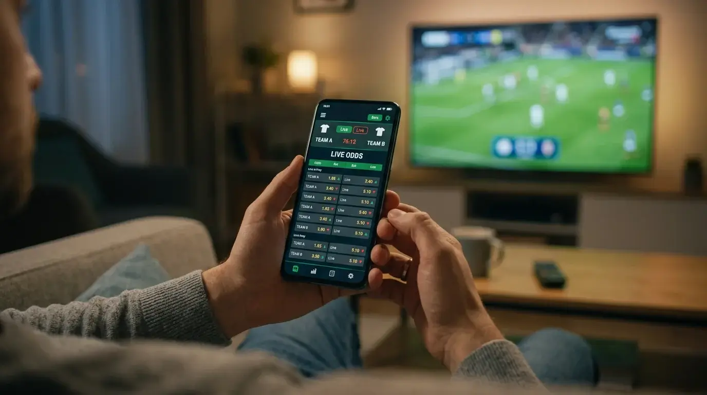 Persona apostando en vivo en un partido de la Premier League desde una aplicación móvil