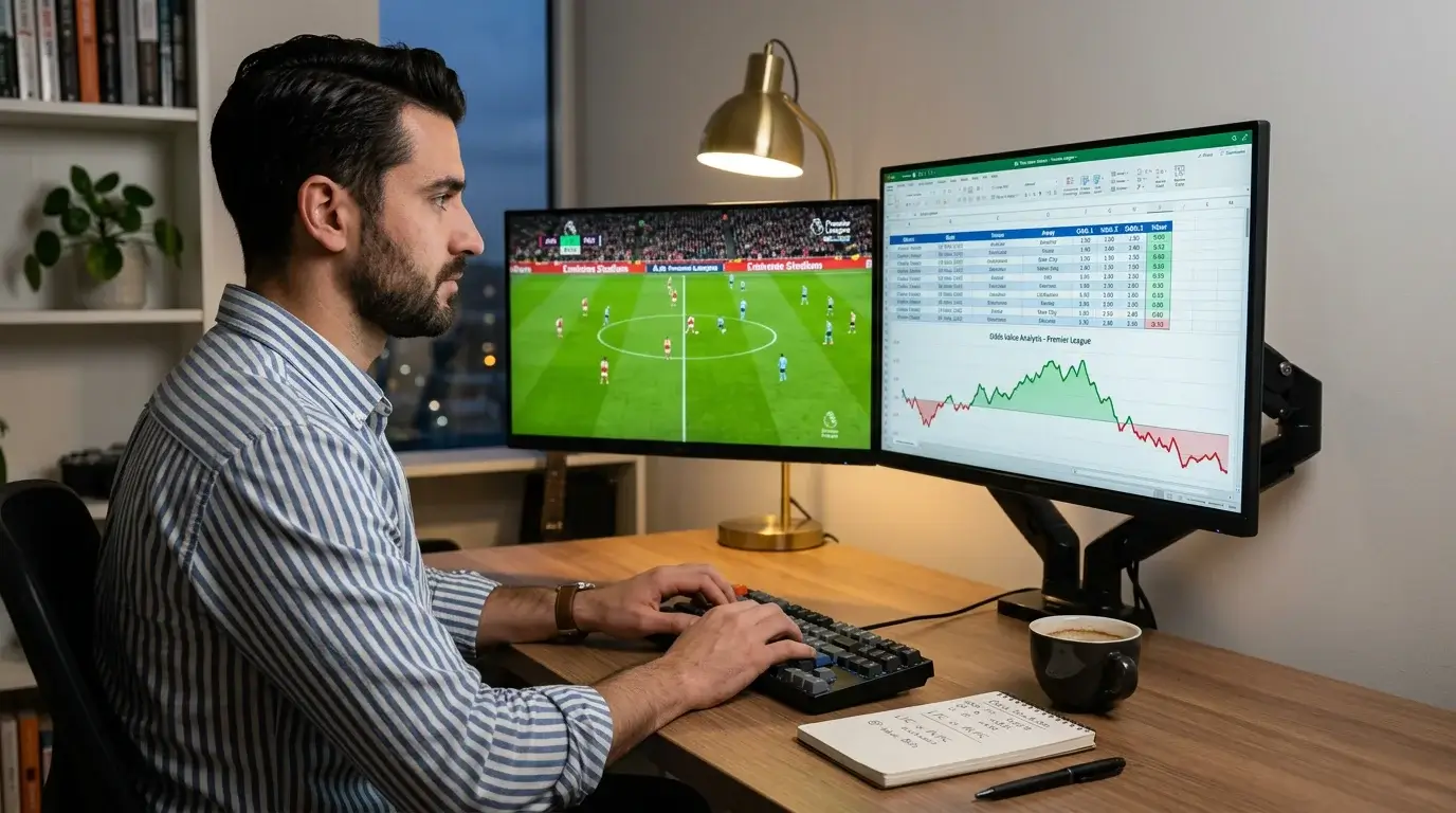 Analista revisando gráficos de cuotas y datos estadísticos de la Premier League en un escritorio