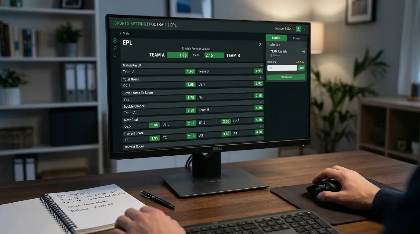 Pantalla de operador mostrando mercados de apuestas y cuotas de un partido de la Premier League